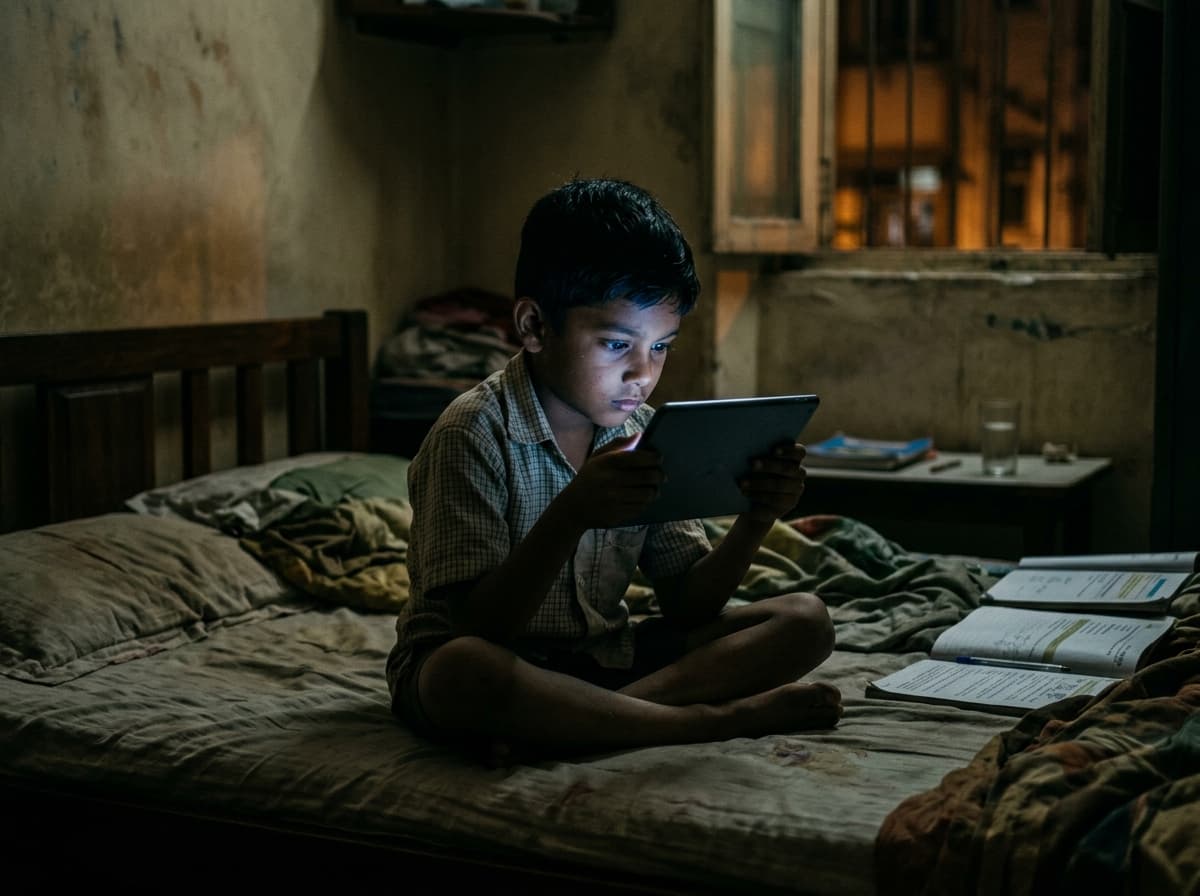 A child sitting on a bed in a dark room absorbed in the glowing light of a tablet screen